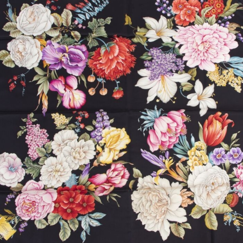 100% pure Silk Black Scarf Depicting Flowers